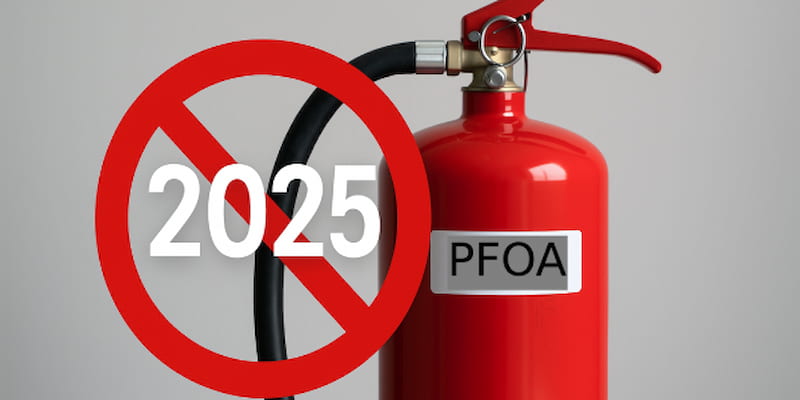 red fire extinguisher labelled with PFOA and ban sign July 2025